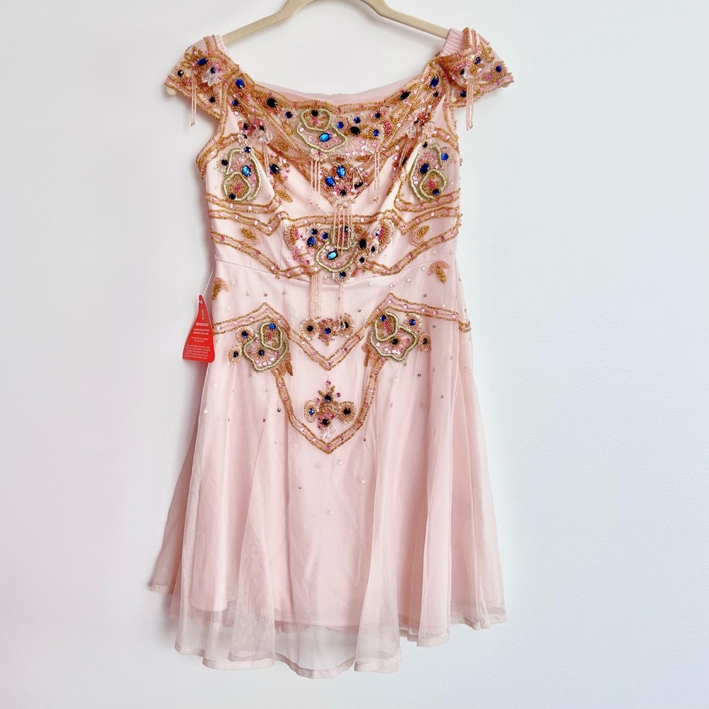 NWT Frock & Frill Crystals Wedding Bardot Babydoll Pink Peach Dress Petite 2